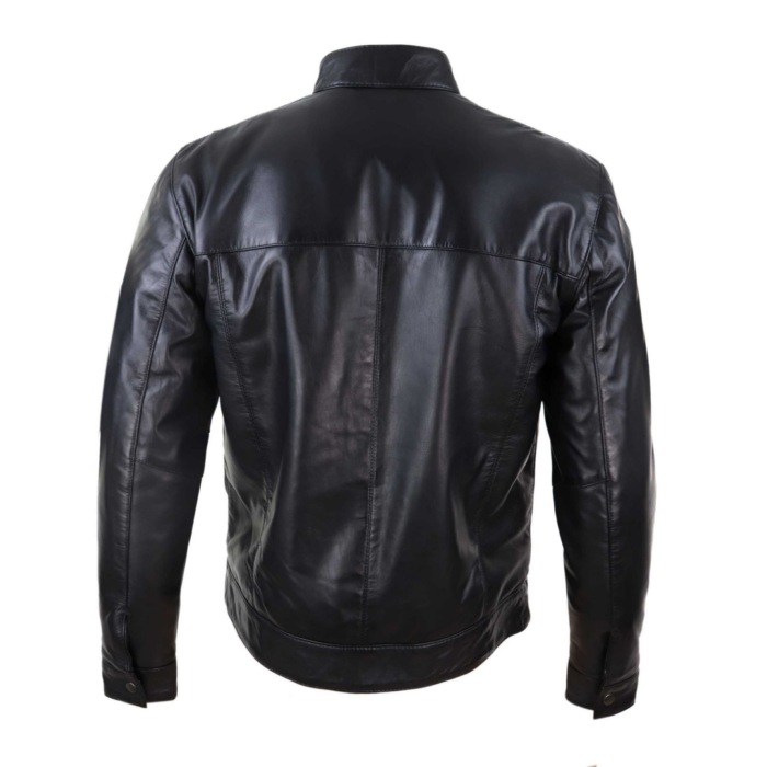 Mens Classic Zip Real Leather Jacket Nehru Grandad Collar Biker Style - Image 3