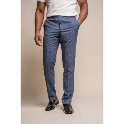 Mens Trousers Blue Prince Of Wales Check Tailored Fit Summer Classic Vintage