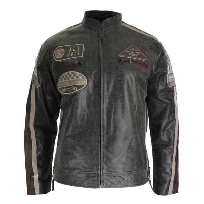 Mens Classic Retro Biker Racer Real Leather Jacket Desert Brown Grey Casual - Image 1
