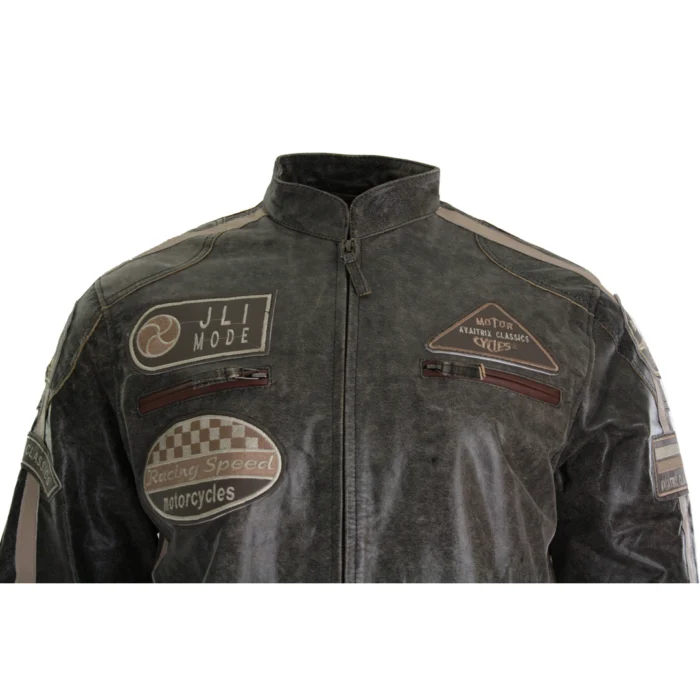 Mens Classic Retro Biker Racer Real Leather Jacket Desert Brown Grey Casual - Image 2