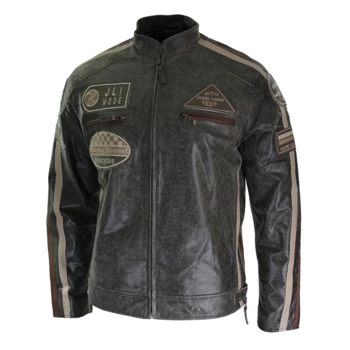 Mens Classic Retro Biker Racer Real Leather Jacket Desert Brown Grey Casual - Image 5