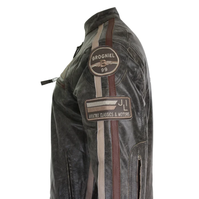 Mens Classic Retro Biker Racer Real Leather Jacket Desert Brown Grey Casual - Image 4