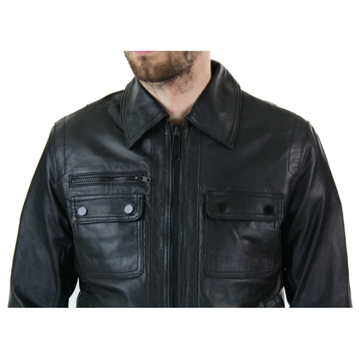 Mens Black Zip Vintage Classic Slim Fit Real Leather Short Jacket Retro - Image 2