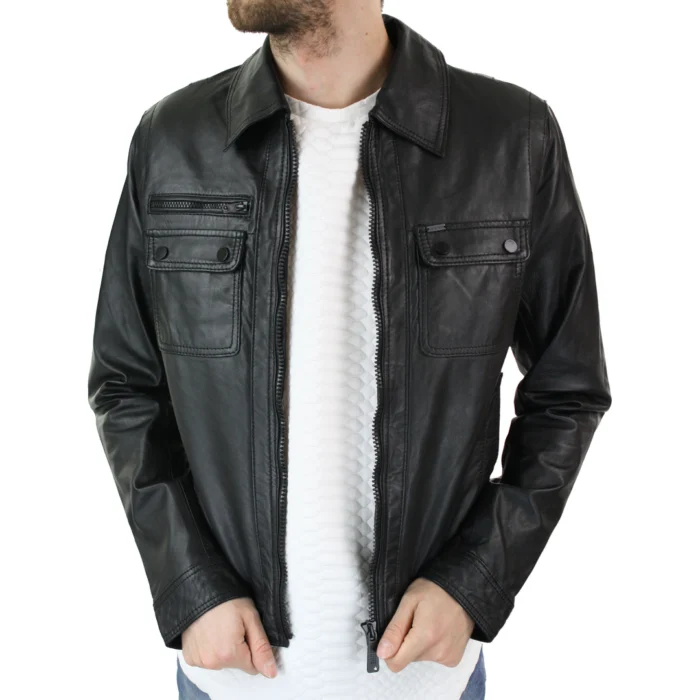 Mens Black Zip Vintage Classic Slim Fit Real Leather Short Jacket Retro - Image 3