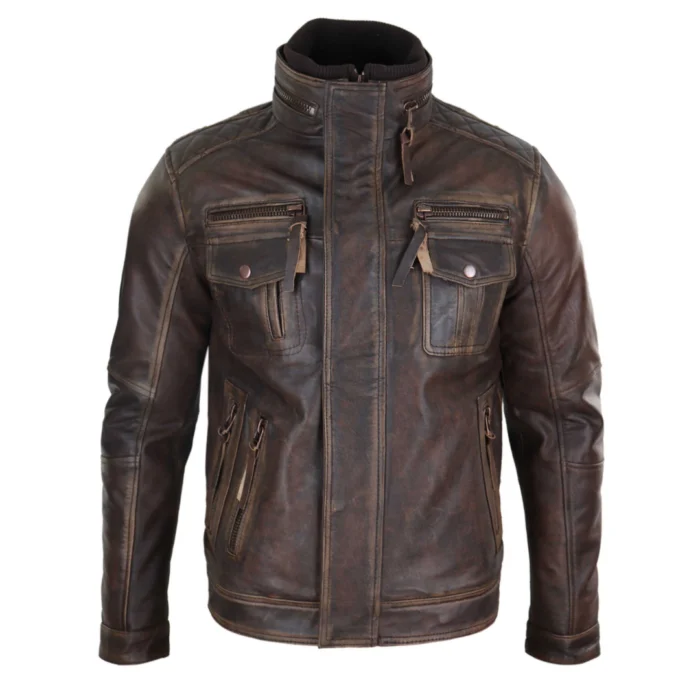Mens Distressed Genuine Leather Biker Jacket Vintage Brown - Image 1