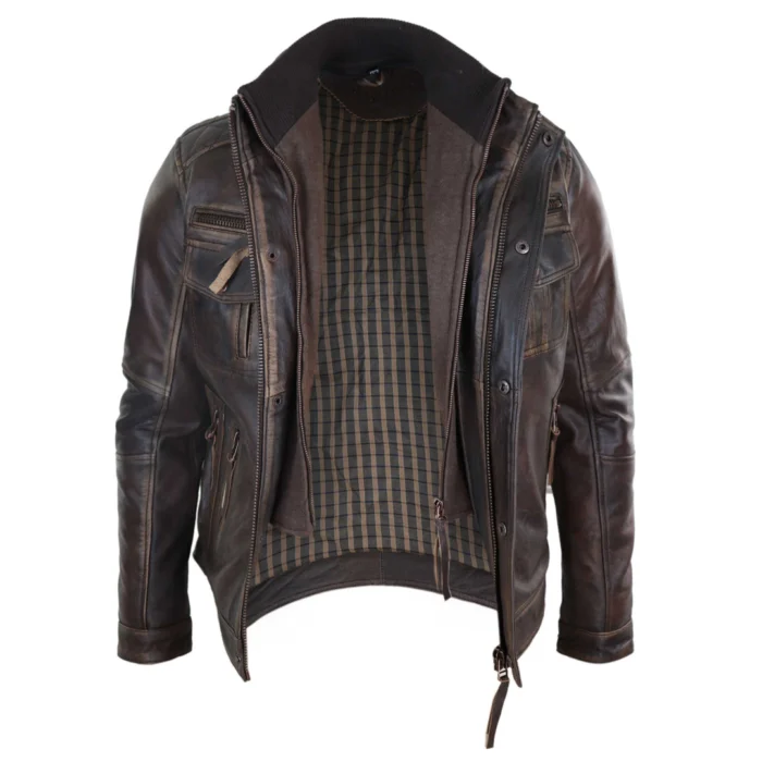 Mens Distressed Genuine Leather Biker Jacket Vintage Brown - Image 5