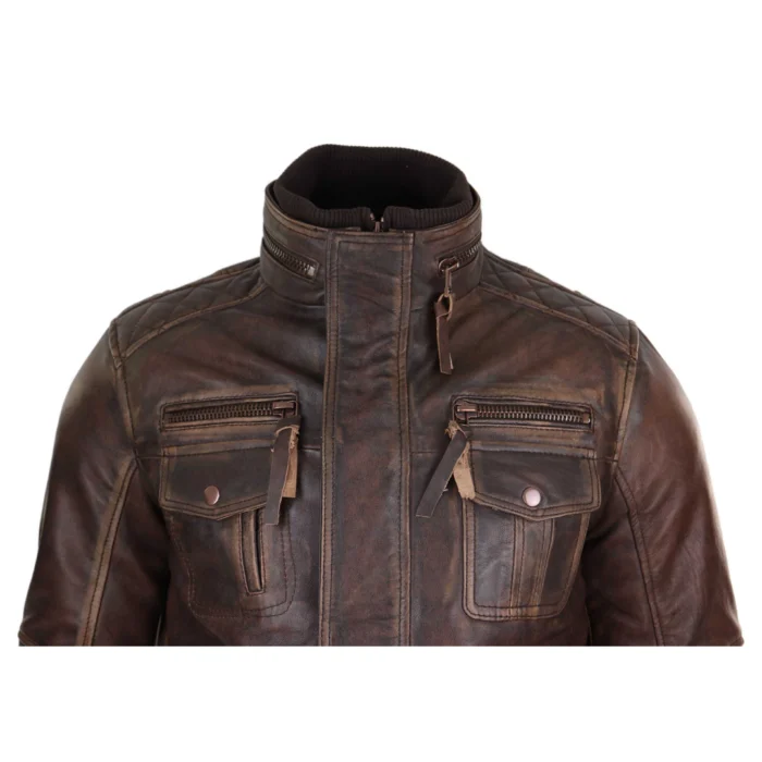 Mens Distressed Genuine Leather Biker Jacket Vintage Brown - Image 4