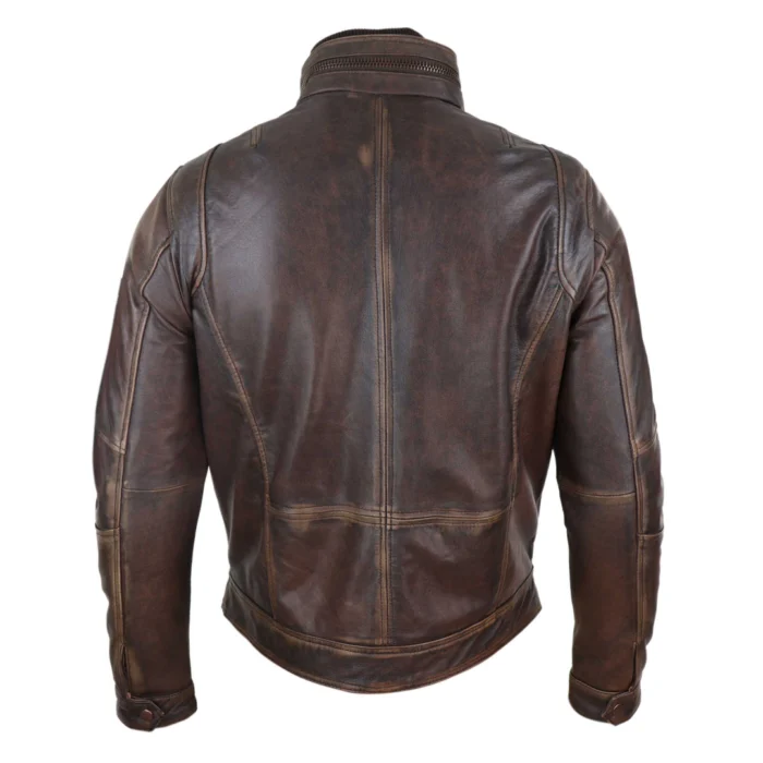 Mens Distressed Genuine Leather Biker Jacket Vintage Brown - Image 3