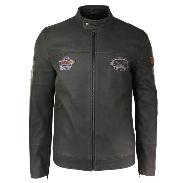 Mens Vintage Brown Leather Racer Badge Biker Jacket Washed Distressed Slim Fit - Image 1