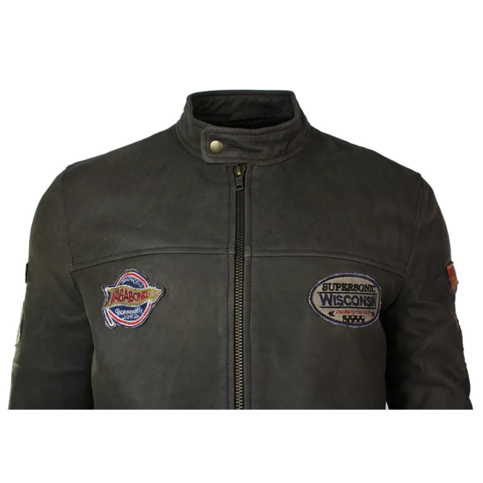 Mens Vintage Brown Leather Racer Badge Biker Jacket Washed Distressed Slim Fit - Image 7