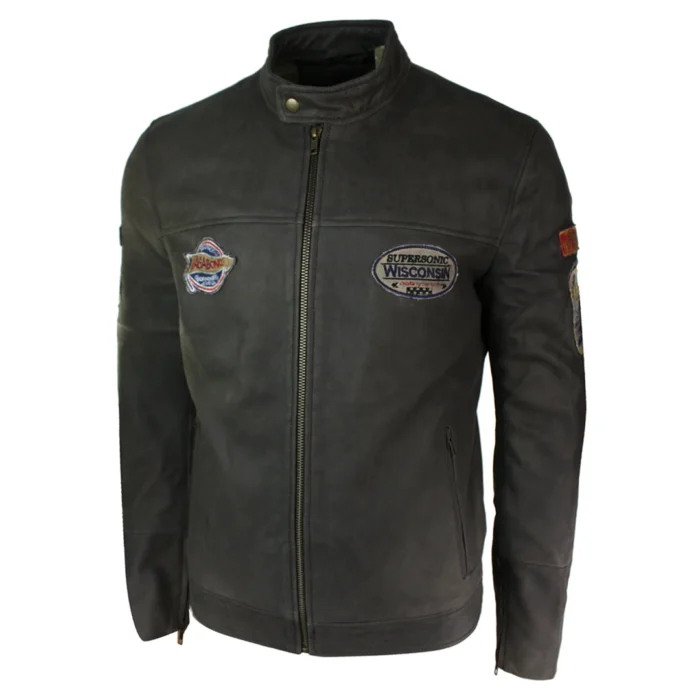 Mens Vintage Brown Leather Racer Badge Biker Jacket Washed Distressed Slim Fit - Image 6