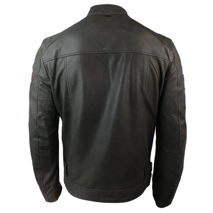 Mens Vintage Brown Leather Racer Badge Biker Jacket Washed Distressed Slim Fit - Image 4