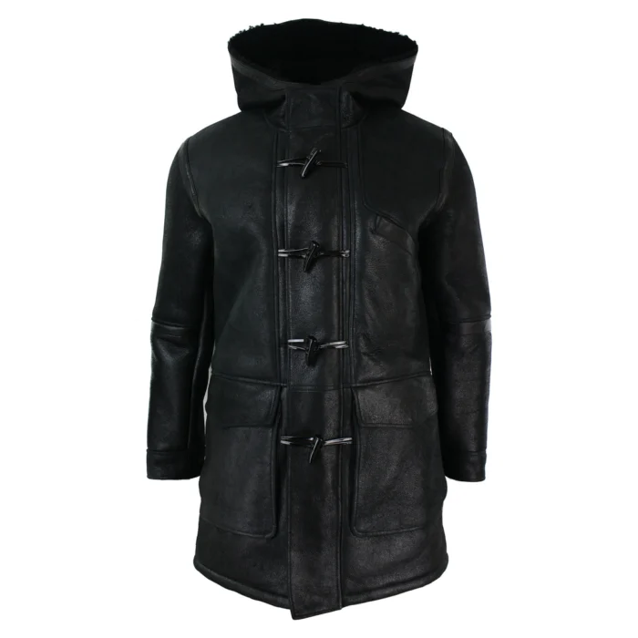Mens Real Shearling Sheepskin 3/4 Hood Duffle Jacket Black Fur Warm Winter - Image 1