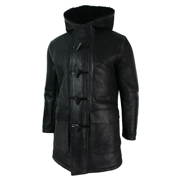 Mens Real Shearling Sheepskin 3/4 Hood Duffle Jacket Black Fur Warm Winter - Image 2