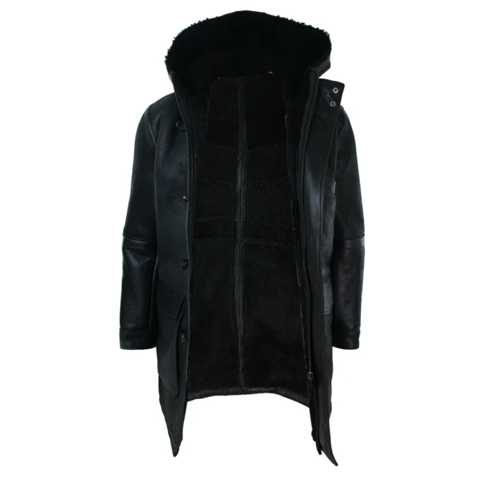 Mens Real Shearling Sheepskin 3/4 Hood Duffle Jacket Black Fur Warm Winter - Image 4