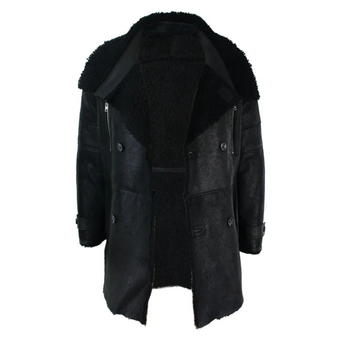 Mens Black 3/4 Military Real Sherling Sheepskin Batman Bane Double Breasted - Image 2