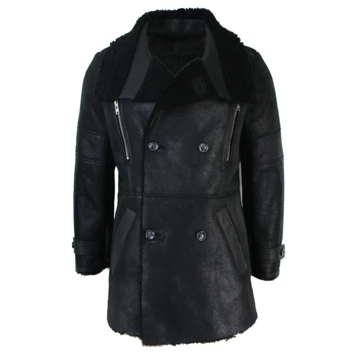 Mens Black 3/4 Military Real Sherling Sheepskin Batman Bane Double Breasted - Image 1