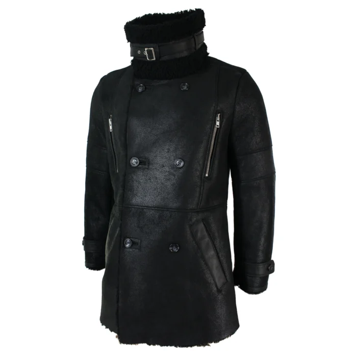 Mens Black 3/4 Military Real Sherling Sheepskin Batman Bane Double Breasted - Image 3