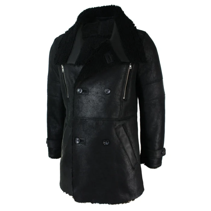 Mens Black 3/4 Military Real Sherling Sheepskin Batman Bane Double Breasted - Image 4
