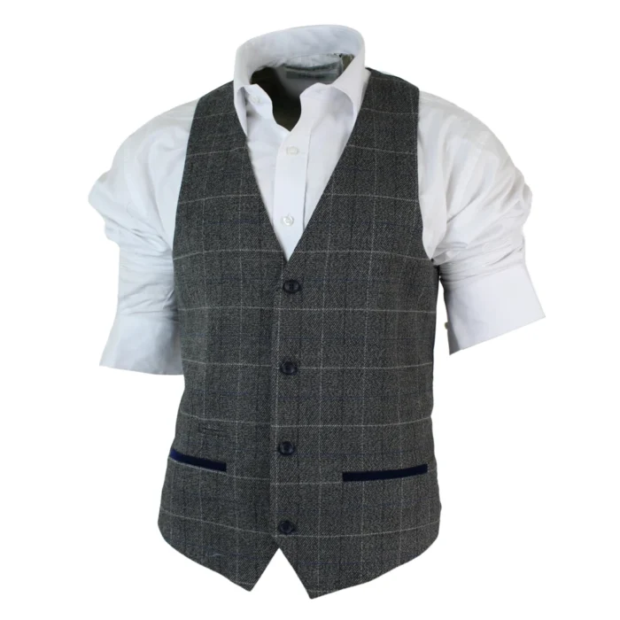 Mens Slim Fit Check Grey Tan Brown Waistcoat Smart Casual Tweed Check Navy - Image 2