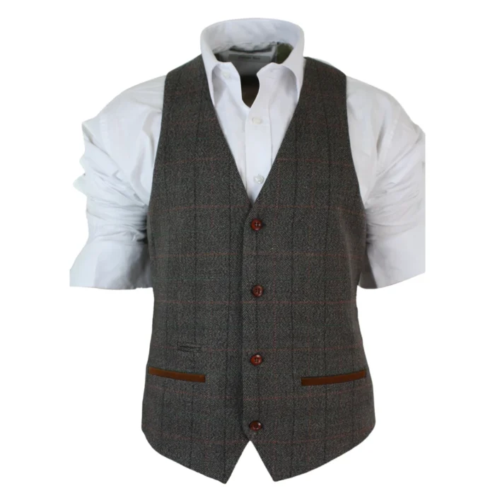 Mens Slim Fit Check Grey Tan Brown Waistcoat Smart Casual Tweed Check Navy - Image 4