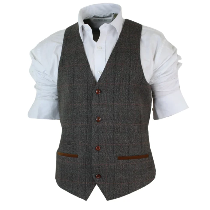 Mens Slim Fit Check Grey Tan Brown Waistcoat Smart Casual Tweed Check Navy - Image 6