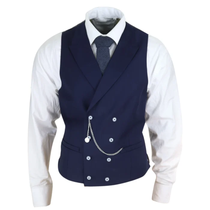 Mens Double Breasted Waistcoat 1920s Blinders Smart Casual Pocket Chain - Image 9