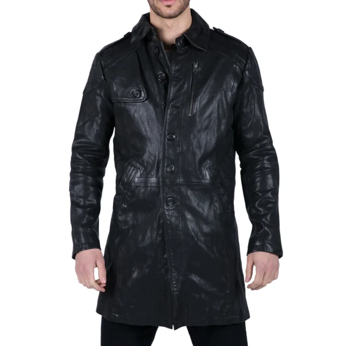 Mens Black Brown Real Leather Trench Coat Button Vintage 3/4 Casual - Image 1
