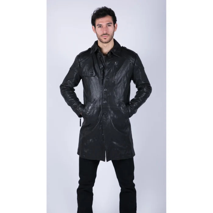 Mens Black Brown Real Leather Trench Coat Button Vintage 3/4 Casual - Image 2