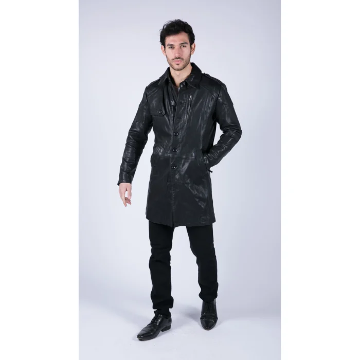Mens Black Brown Real Leather Trench Coat Button Vintage 3/4 Casual - Image 7
