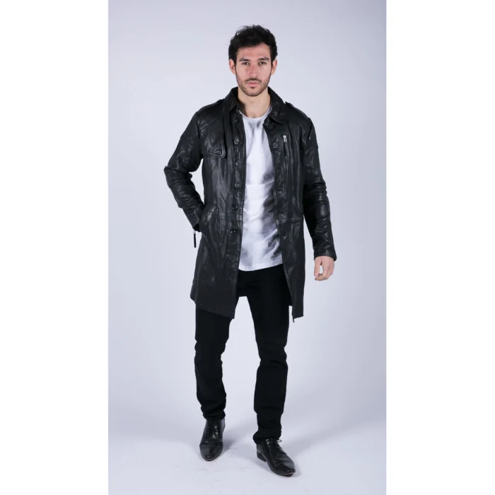 Mens Black Brown Real Leather Trench Coat Button Vintage 3/4 Casual - Image 6