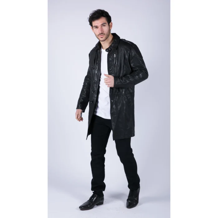 Mens Black Brown Real Leather Trench Coat Button Vintage 3/4 Casual - Image 5