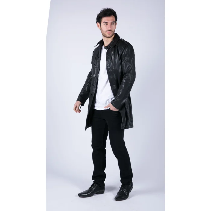 Mens Black Brown Real Leather Trench Coat Button Vintage 3/4 Casual - Image 4