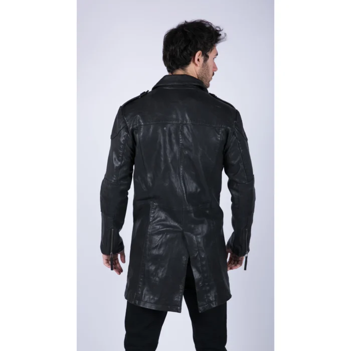 Mens Black Brown Real Leather Trench Coat Button Vintage 3/4 Casual - Image 3