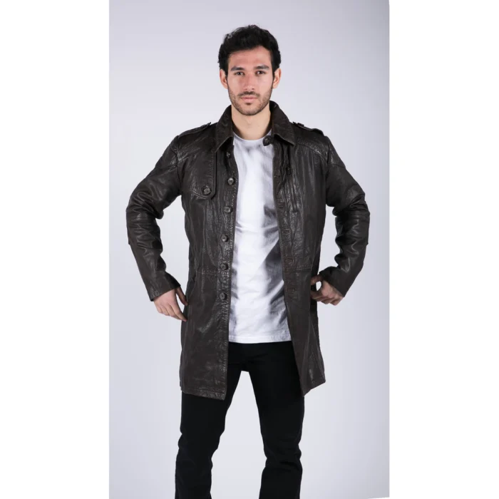 Mens Black Brown Real Leather Trench Coat Button Vintage 3/4 Casual - Image 13