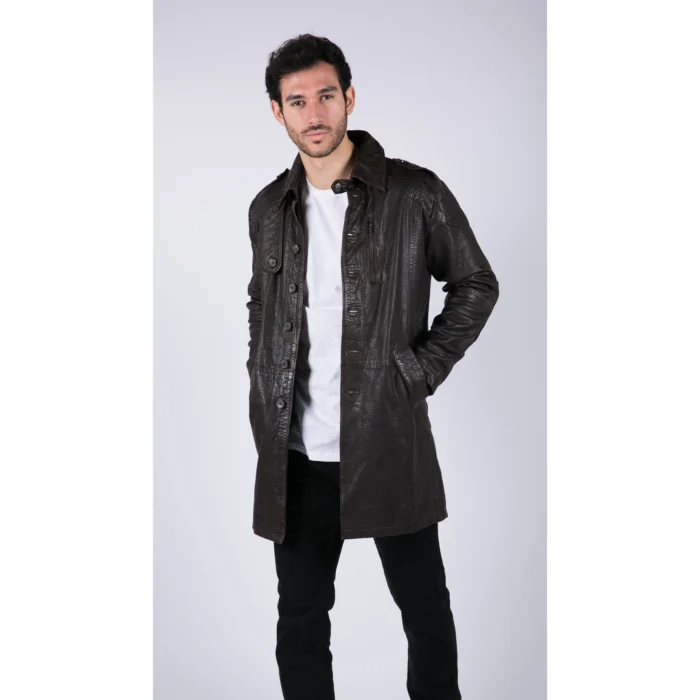 Mens Black Brown Real Leather Trench Coat Button Vintage 3/4 Casual - Image 12