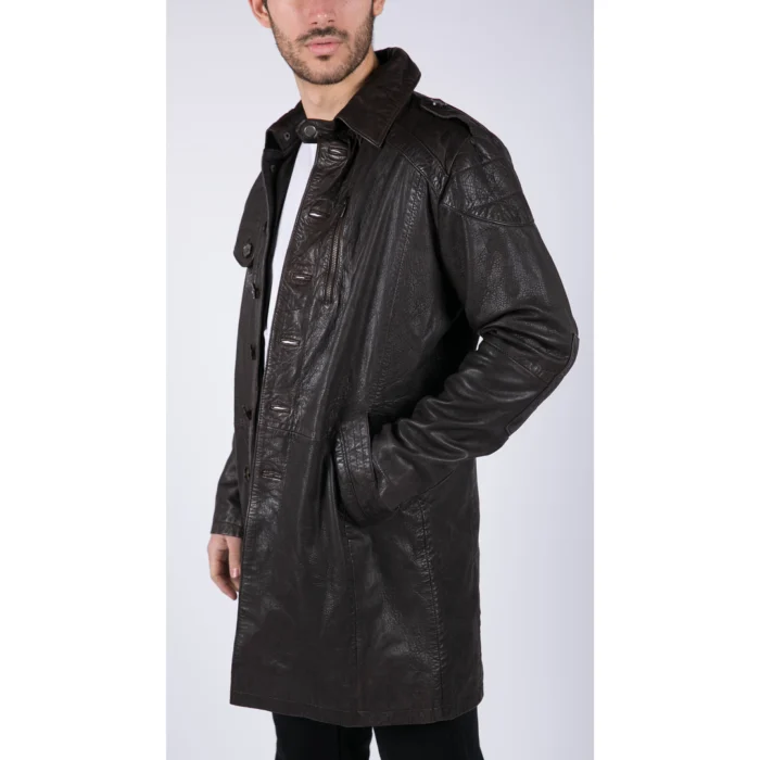 Mens Black Brown Real Leather Trench Coat Button Vintage 3/4 Casual - Image 11