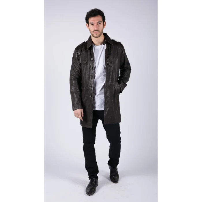 Mens Black Brown Real Leather Trench Coat Button Vintage 3/4 Casual - Image 10