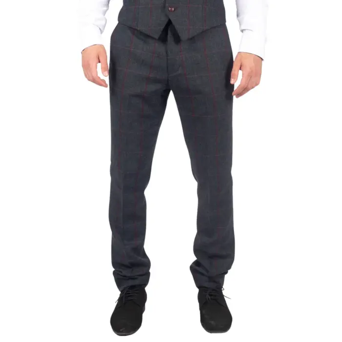Mens Herringbone Tweed Trousers Navy Red Check Vintage 1920s Tailored Fit - Image 1