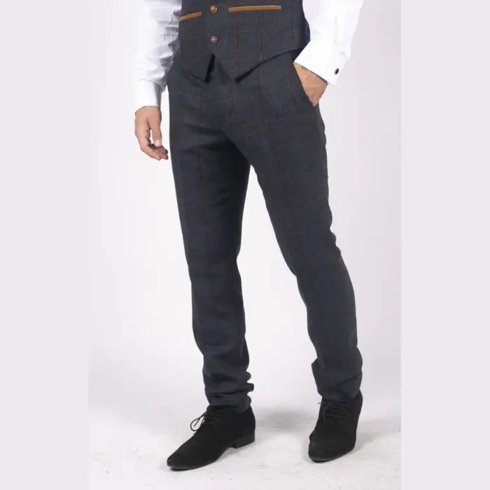 Mens Herringbone Tweed Trousers Navy Red Check Vintage 1920s Tailored Fit - Image 2