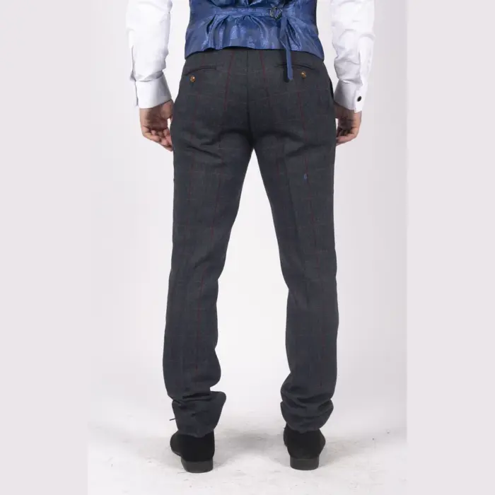 Mens Herringbone Tweed Trousers Navy Red Check Vintage 1920s Tailored Fit - Image 3