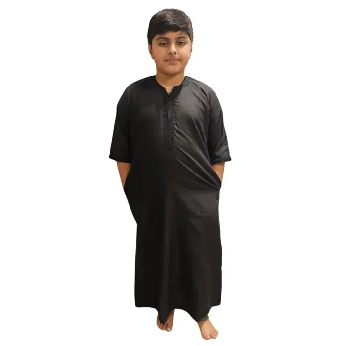 Boy's Morrocan Thobe Jubba Islamic Clothing Kaftan Dubai Arabic Robe Half Short Sleeve - Image 1