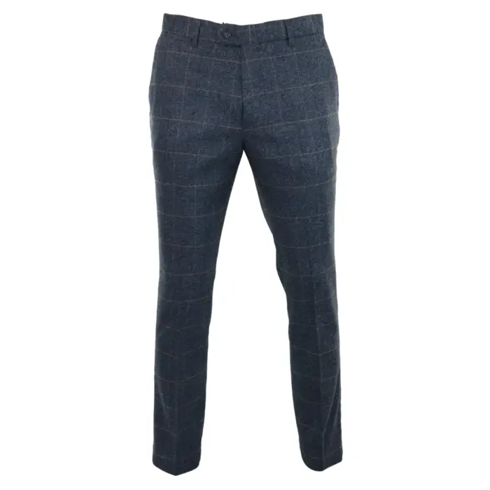 Mens Blue Herringbone Tweed Trousers Vintage Tailored Fit Grey Blue Wedding - Image 1