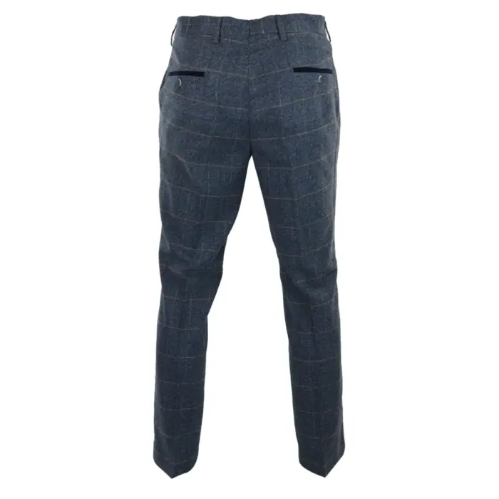 Mens Blue Herringbone Tweed Trousers Vintage Tailored Fit Grey Blue Wedding - Image 4