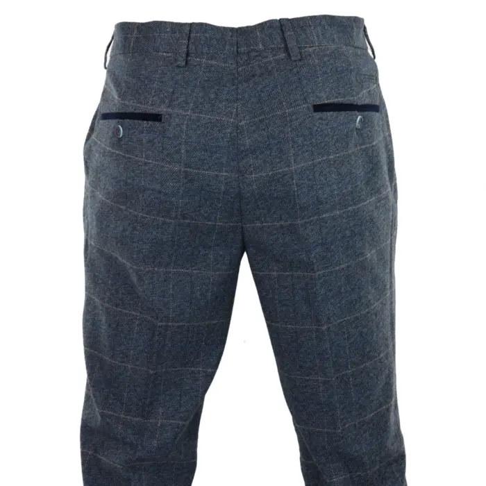 Mens Blue Herringbone Tweed Trousers Vintage Tailored Fit Grey Blue Wedding - Image 3