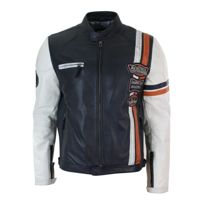 Mens Retro Vintage Navy Blue White Real Leather Biker Jacket Badge Design Casual - Image 1