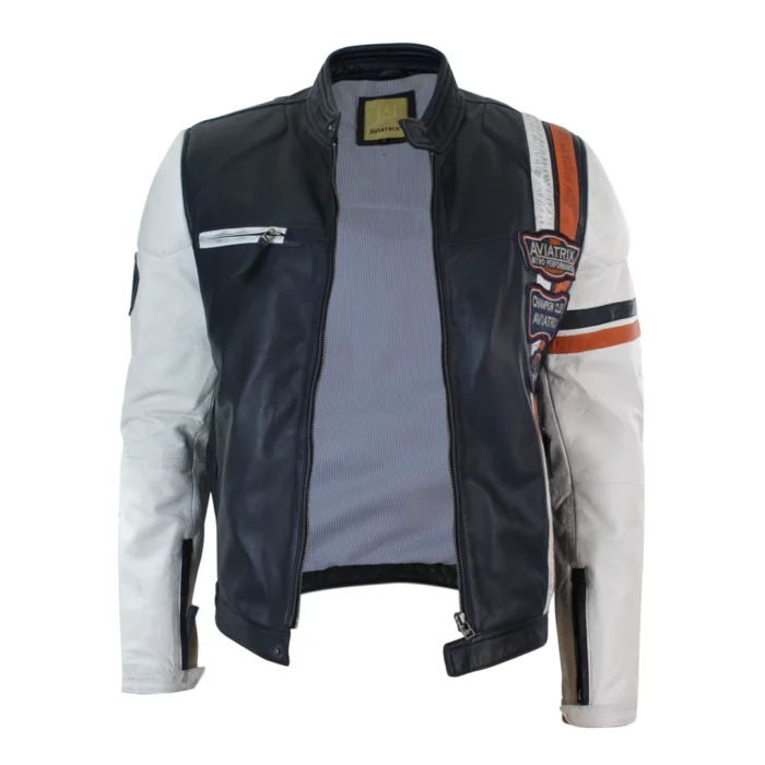 Mens Retro Vintage Navy Blue White Real Leather Biker Jacket Badge Design Casual - Image 2