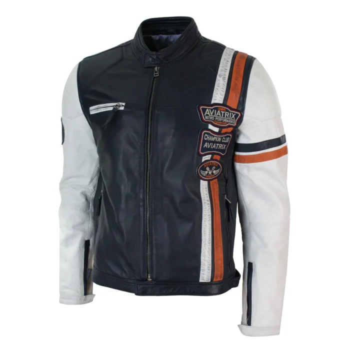 Mens Retro Vintage Navy Blue White Real Leather Biker Jacket Badge Design Casual - Image 7