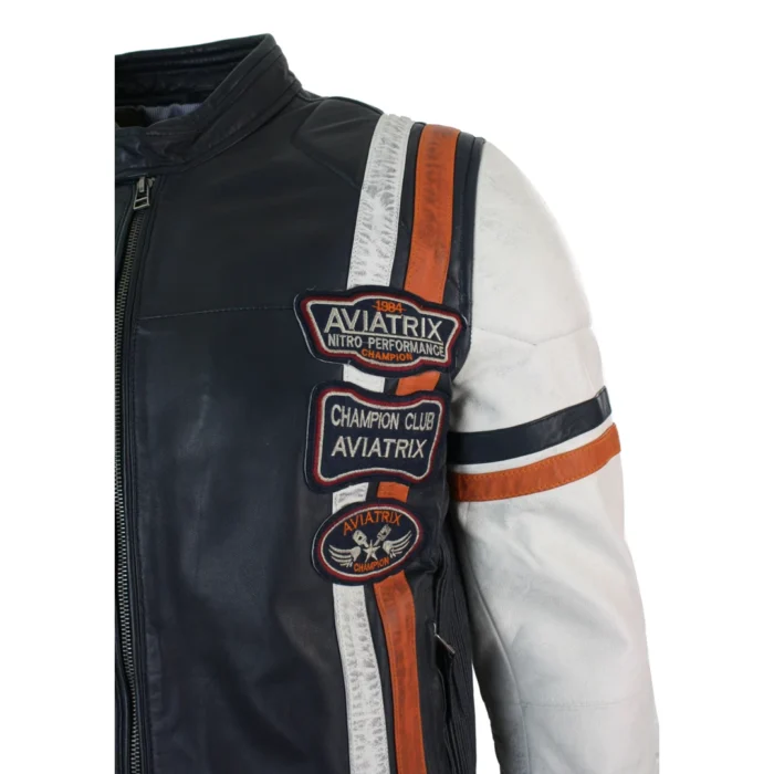 Mens Retro Vintage Navy Blue White Real Leather Biker Jacket Badge Design Casual - Image 6
