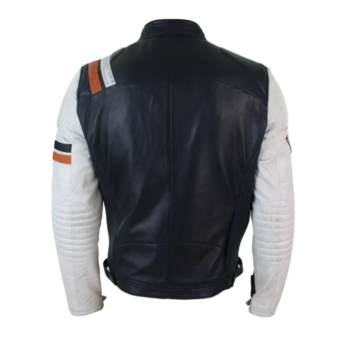 Mens Retro Vintage Navy Blue White Real Leather Biker Jacket Badge Design Casual - Image 4